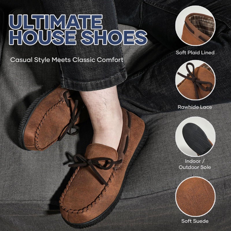 ULTRAIDEAS Men's Luke Microsuede Moccasin Slippers with Tie Indoor Outdoor, Camel, 13 - Image 3